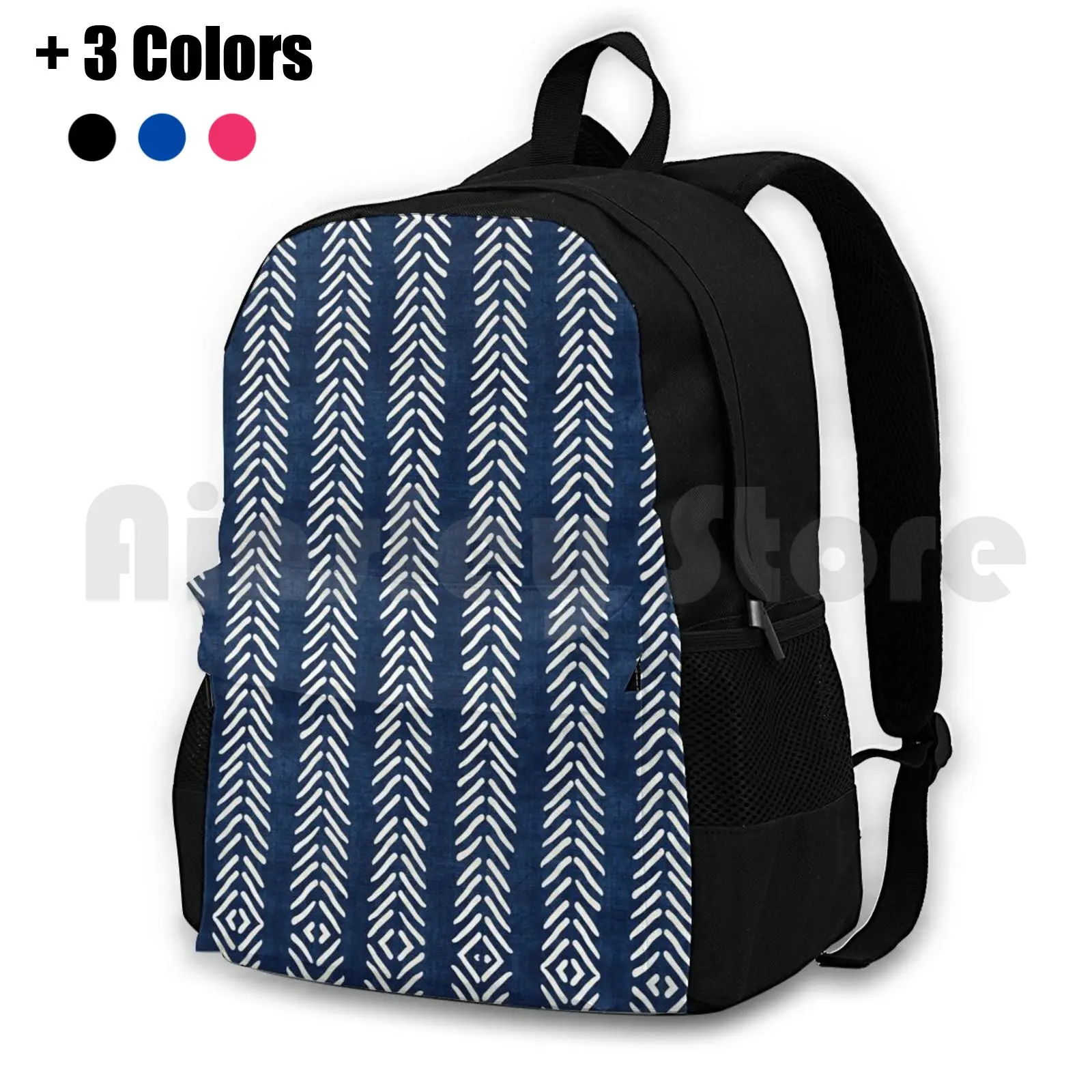 

Mud Cloth Small Arrows In Indigo Outdoor Hiking Backpack Waterproof Camping Travel Mud Cloth Mudcloth Bohemian Tribal Ethnic