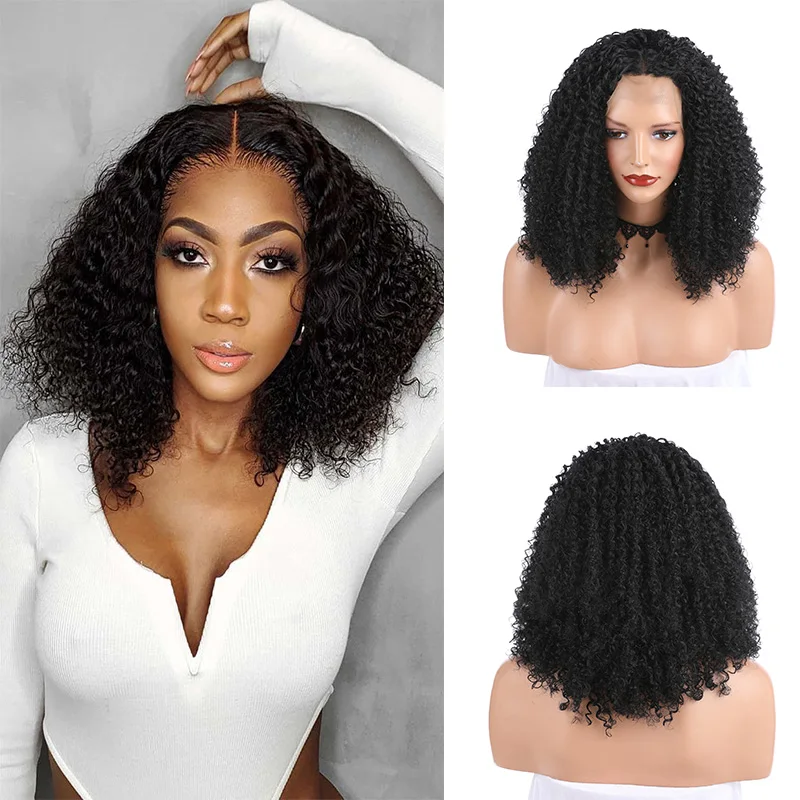 

180% Density Short Bob Glueless Kinky Curly Synthetic Wigs Natural Black Lace Front Wig For Women Daily Cosplay Heat Resistant