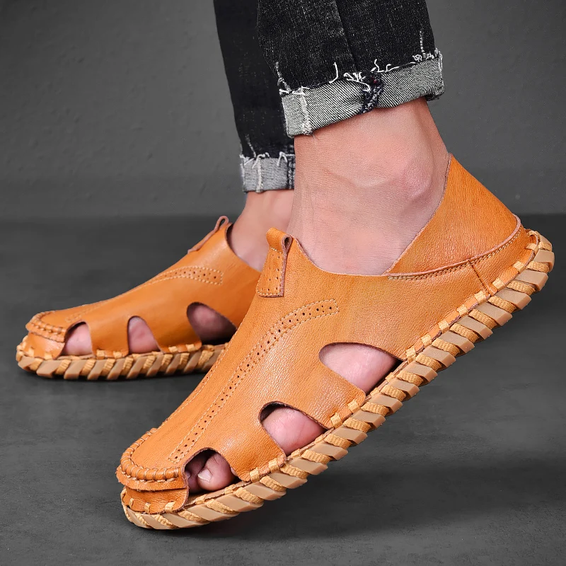 Сандалии мужские дышащие пляжная обувь с пряжкой Прошитые вручную гладиаторы