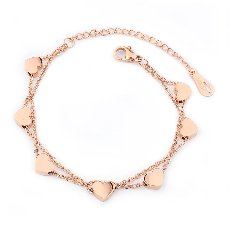 Rose Gold FINE4U B214 браслеты из нержавеющей стали с маленькими сердечками для женщин, двухслойный браслет с цепочкой, вечерние изысканные украшения - Окраска металла: Rose Gold
