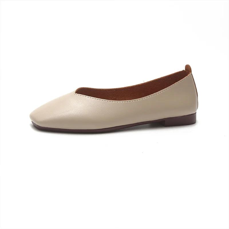 

Women Flat Shoe Elegant Shallow Low-heeled Sandals 2021 Beige Korean Slippers Square Toe Slip-on Simple Woman Shoes