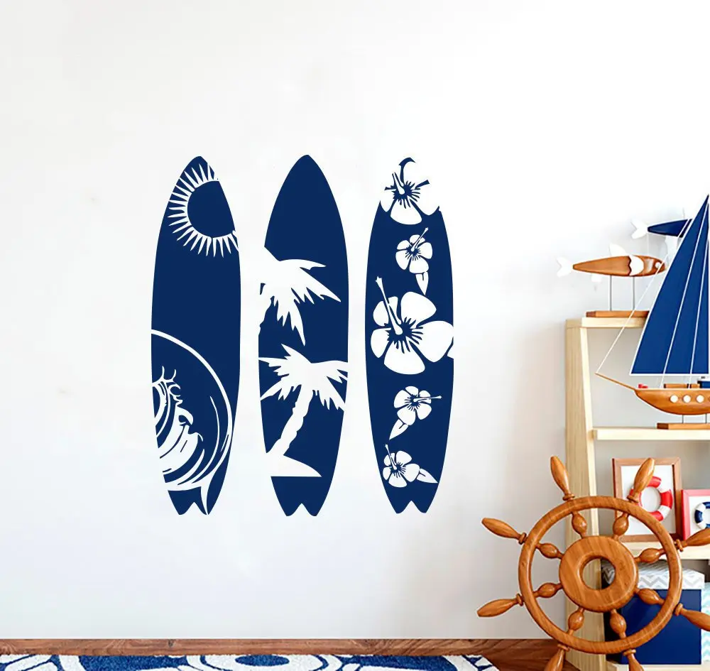 Фото Виниловая наклейка на стену с изображением доски для серфинга пальмы волны пляжа