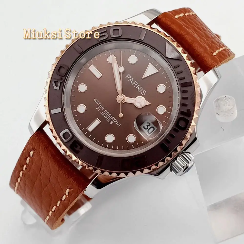 Роскошный бренд Parnis 41 мм сапфировое стекло коричневый циферблат Керамическая