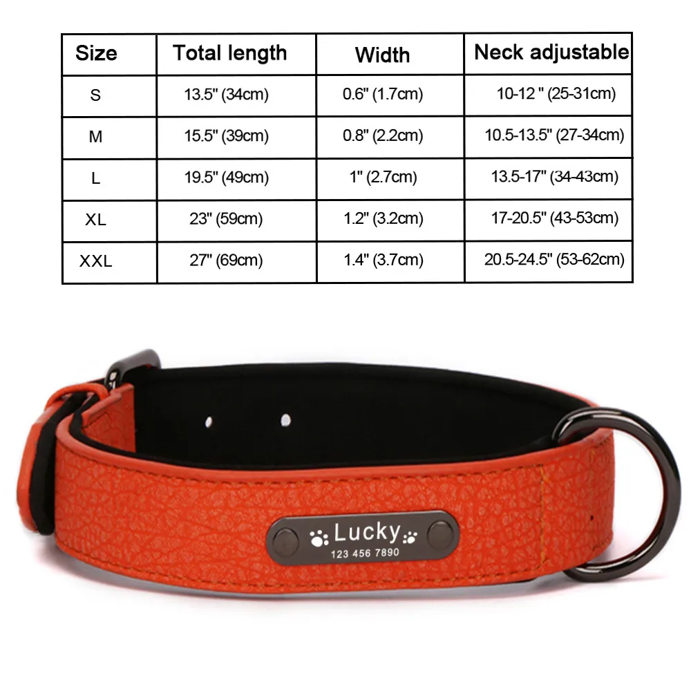 Orange Collar 8 цветов кожаный индивидуальный ошейник для собаки на заказ ошейник для собак утолщенное выгравированное имя роскошные большие собаки гравировальные Ошейники бульдог ошейник de Personalizado para Perros ошейники для со - Цвет: Orange Collar