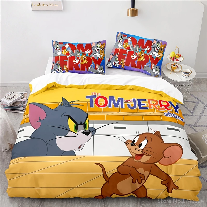 Kawaii Cat Mouse Tom Jerry 3D Cartoon Print Bedding Set Duvet Cover Quilt Pillowcase Home Textile for Kids Boys Girls | Дом и сад