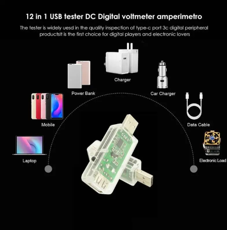 12 в 1 USB Тестер Цифровой вольтметр постоянного тока Амперметр измеритель
