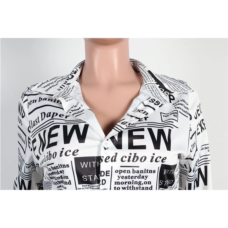 

Autumn Long Sleeve Dresses Newspaper Print High Waist Sexy Mini Dress Club V Neck Loose Dress Shirt Wholesale Dropshipping