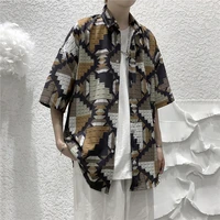 2021 summer trend instagram hong kong style diamond plaid mens shirt retro short sleeved shirt men versatile large size shirt