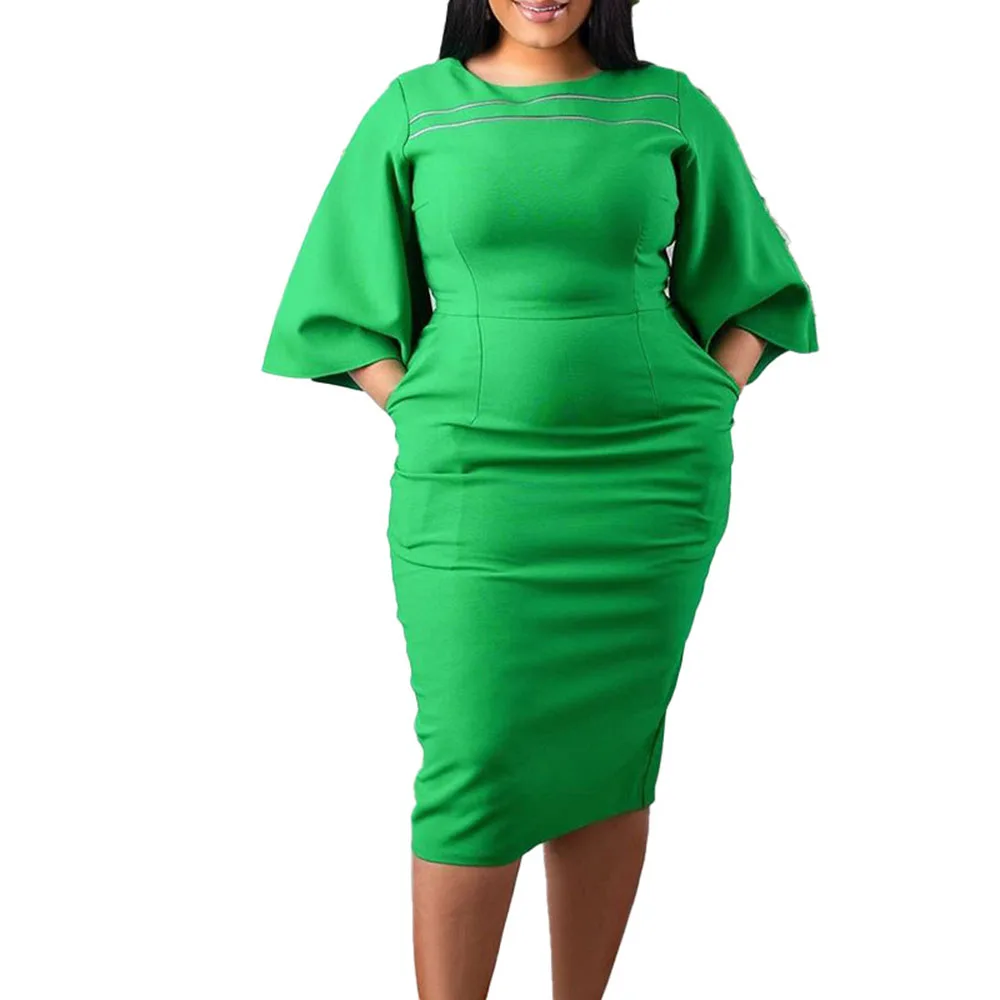 

Dress Summer 2021 Temperament Commute Oversize African Women's Western Style Solid Color Round Neck Flared Sleeves Fashion