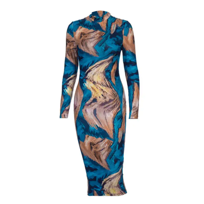 Модное осеннее облегающее платье средней длины с длинным рукавом и красочным