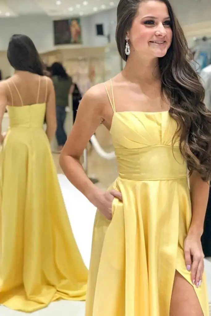 

2020 Yellow Long Satin Prom Dresses Spaghetti Straps Sleeveless High Split Side Formal Evening Party Dress Robe De Soiree