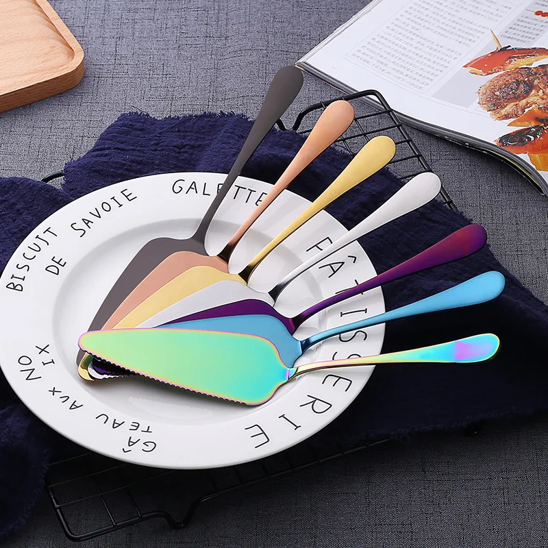 Stainless Steel Pizza Shovel 7 Colors Serrated Edge Cake Server Blade Cutter Cheese Dessert Cutlery Cake Spatula Bakeware Tool