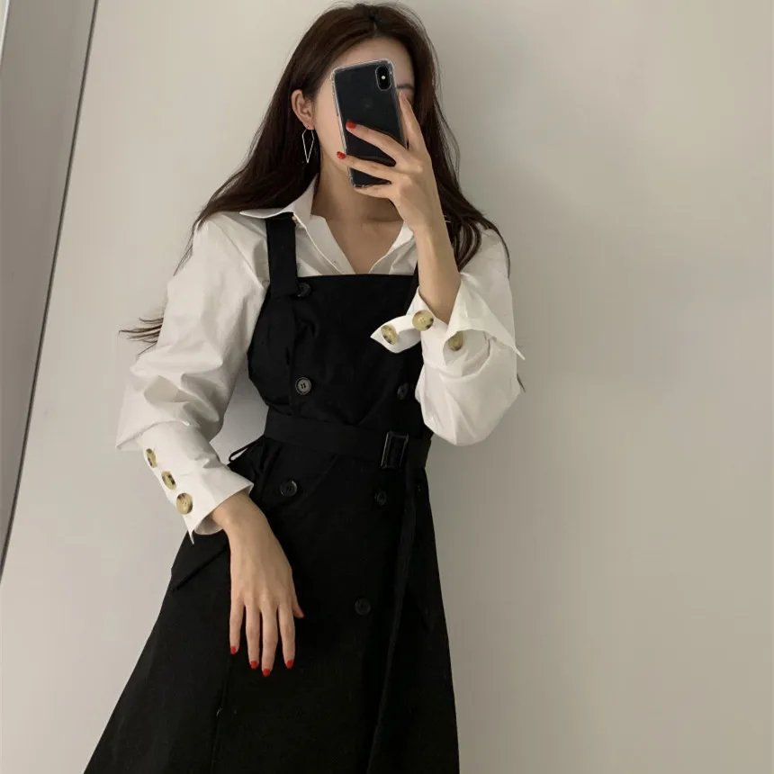 New Women Shirts Double Breasted Elegantlted Waist + Blouse Gray Braces White Shirt Black Suspenders 9704