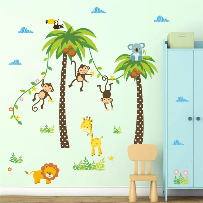 

Giraffe Lion Monkey Palm Tree Forest Animals wall stickers for kids room Children Bedroom Wall Decals Nursery Decor Poster Mural