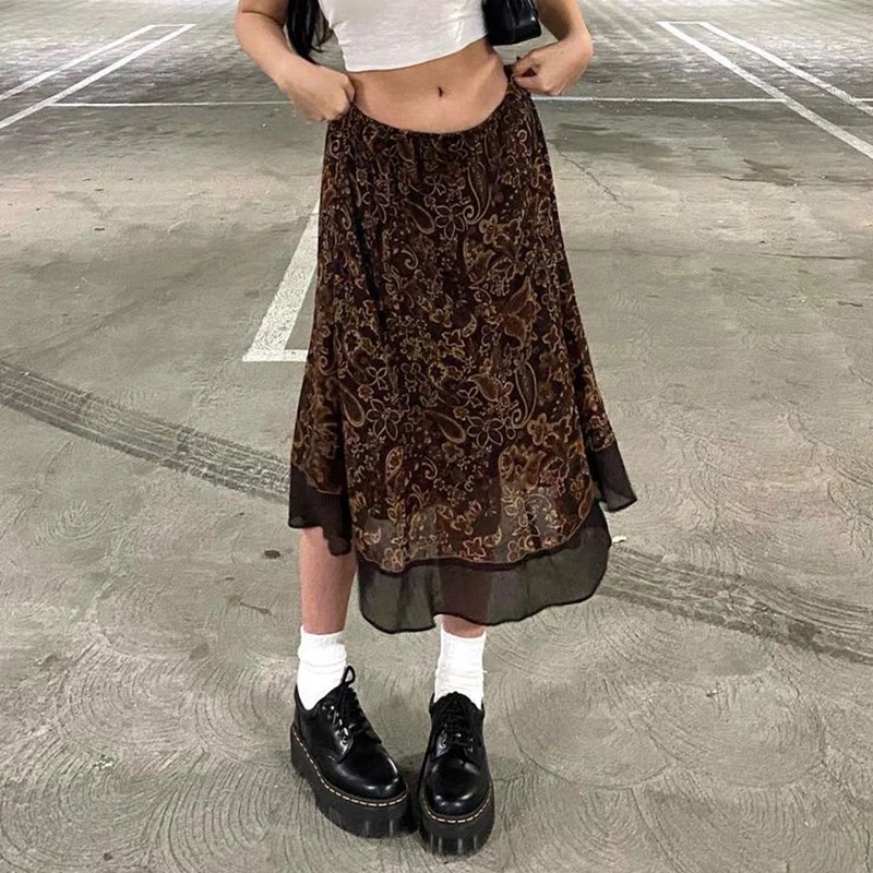 

WeiYao Fairy Grunge Vintage Aesthetic Midi Skirts Womens Floral Print Cute Y2K Brown E Girl Streetwear Low Waist Mesh Skirt