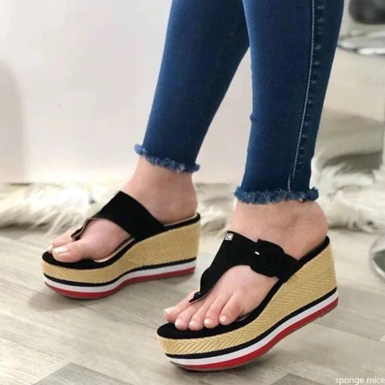 

Women Sandals 2021 New Heels Woman Slippers Platform Wedges Shoes Ladies Summer Slides Mujer Buckle Flip Flops Plus Size 43