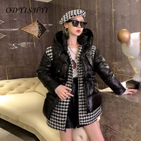 2021 new fashion women winter thicken jacket houndstooth down cotton coat ladies all match warm outwear hooded shiny parka dh341
