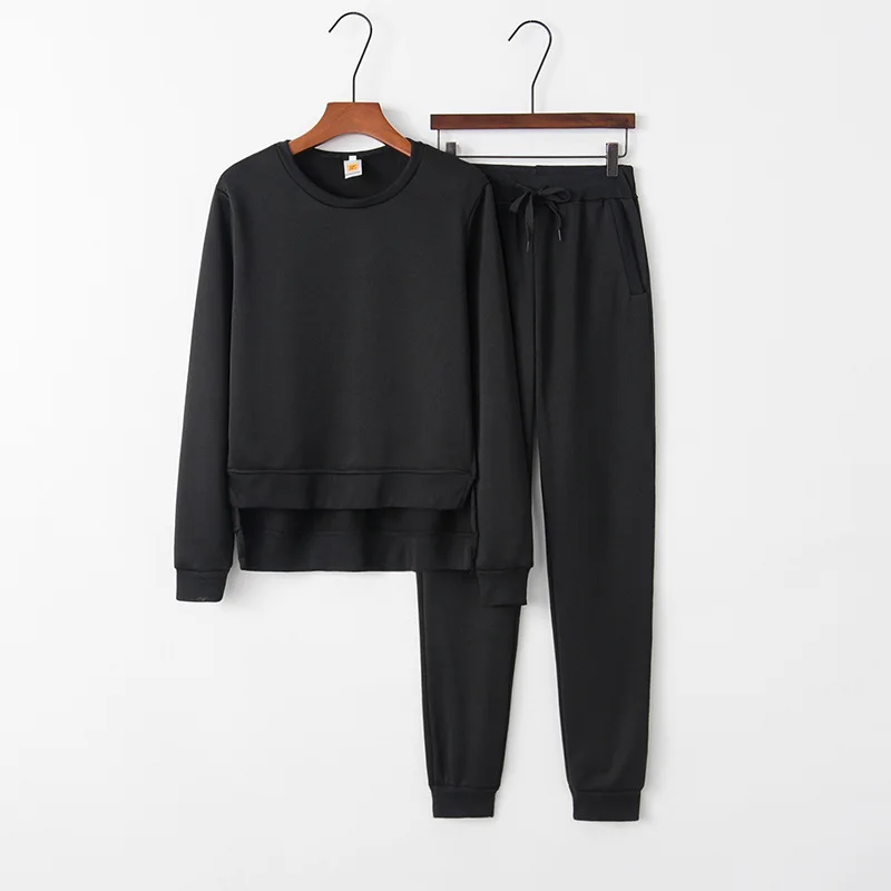 

2020 autumn and winter women's suit round neck solid color top irregular split casual pants suit women