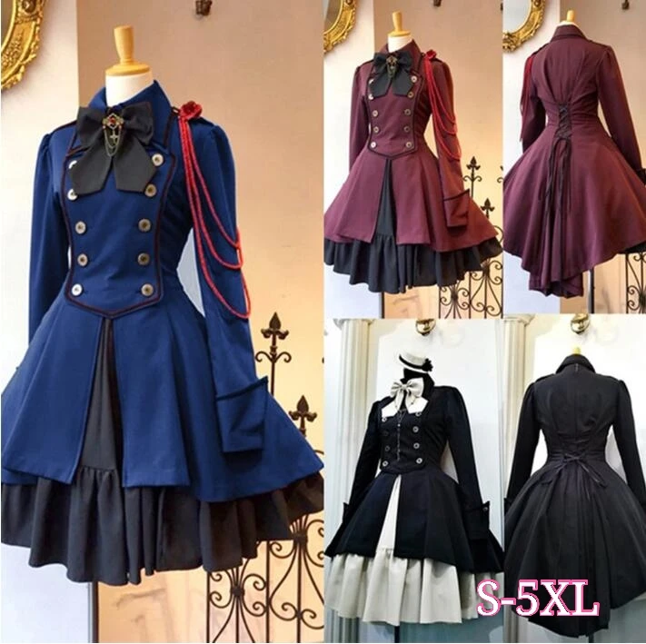 

2021 Vintage Gothic Lolita Dress OP Ruffle Bow tie Button Lace Up Knee Length Dress Long Sleeve Sweet Dress