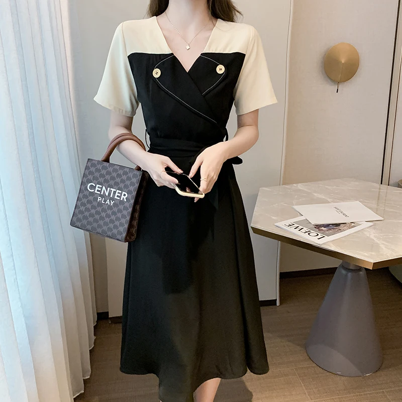 

GRUIICEEN Fashion Vintage Summer Elegant Midi Dress Women French Chiffon V-Neck Empire Slim Dress