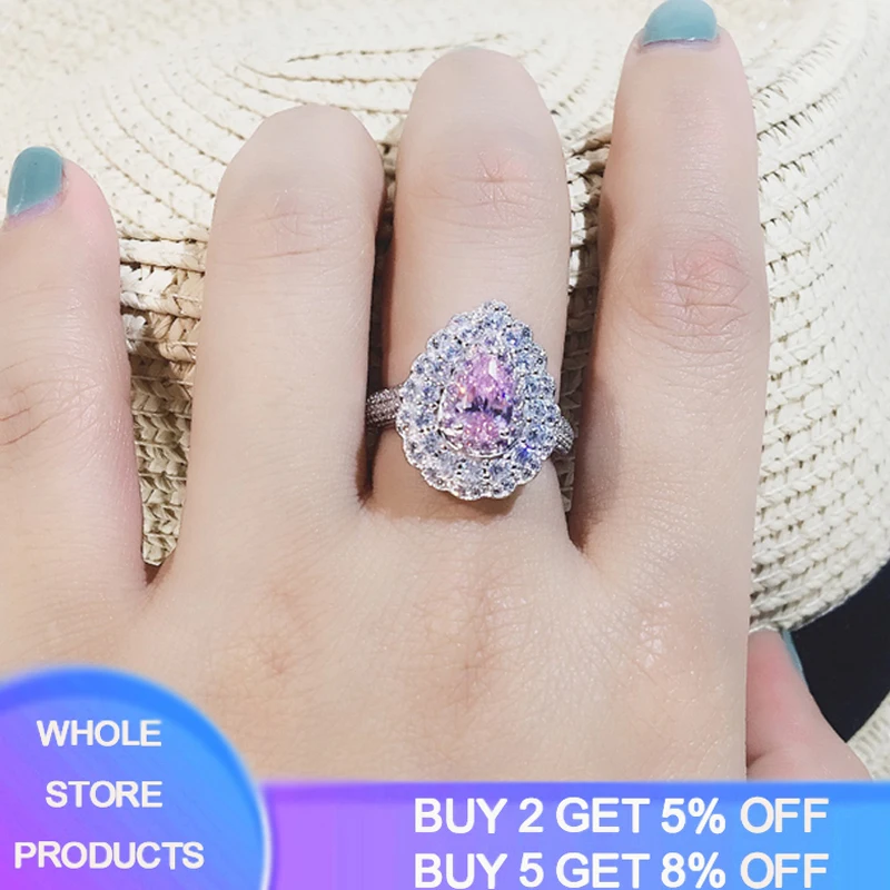 

YANHUI Water Drop Wedding Ring Band Trendy Pear Shaped Cubic Zircon Stone 925 Silver Anniversary Ring Wholesale Lots R203