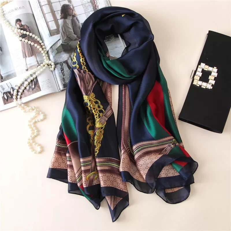 

2020 New Spring Silk Scarf Fashion Foulard Satin Shawl Scarfs Big Size 180*90cm Silk Hair / Head Scarves Women Bandana