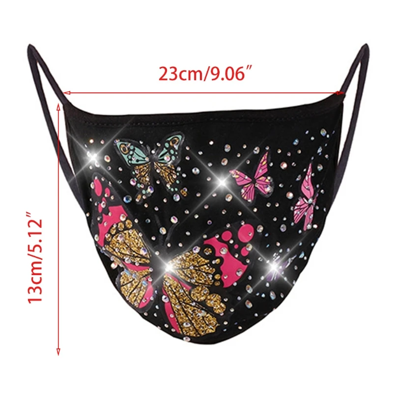 

4Pcs/Set Women Shining Rhinestone Jewelry Mouth Mask Colorful Butterfly Printed Dustproof Washable Masquerade Clubwear Party Fac