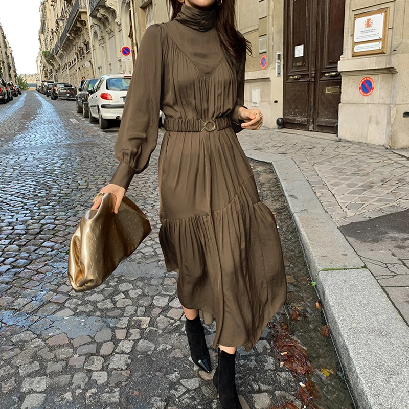 

Design Bubble Sleeve Mid-calf Dresses With Belt Elegant Dress Women's Spring 2021 High Collar Pleated Luster