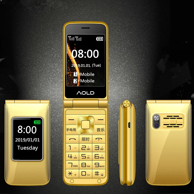 Flip Slim Clamshell Mobile Phone For Old Senior People Speed Dial Russian Key Dual Sim Metal Case Torch Extra Light