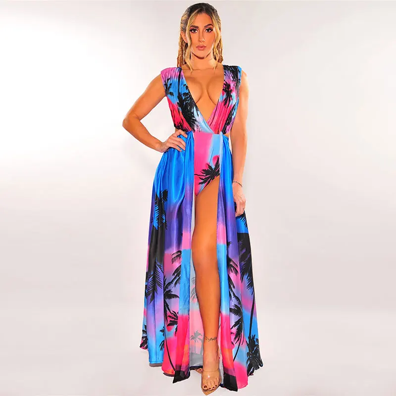 

2021 New Boho Palm Print Plunge Cut Out Slit Maxi Dress Womens Sleeveless High Slit Sundress Beach Dress Vacation Outfits A881