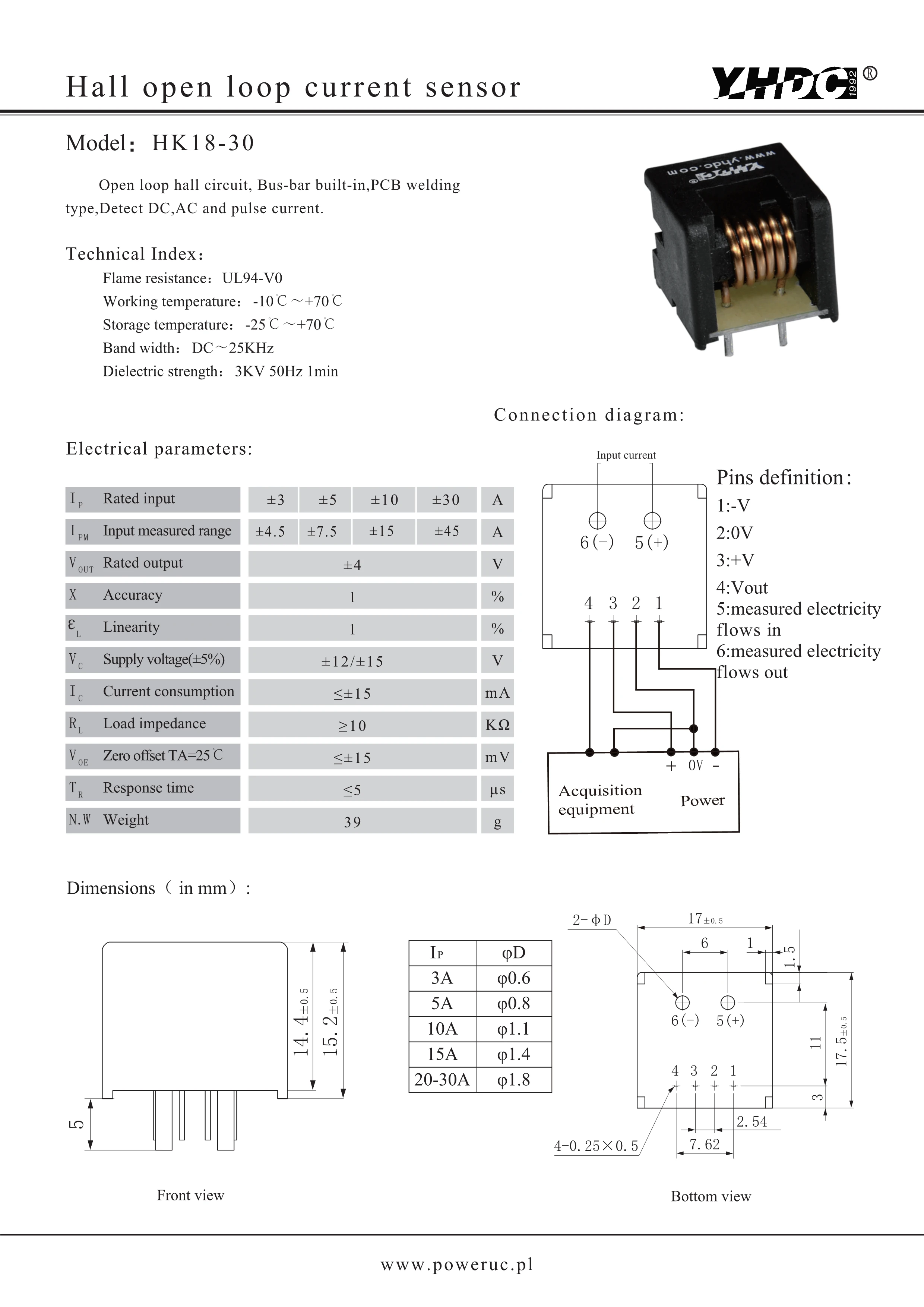 YHDC HK18 ток 30A выход 4 в датчик тока Холла открытая петля напряжение питания + 15 в|output|
