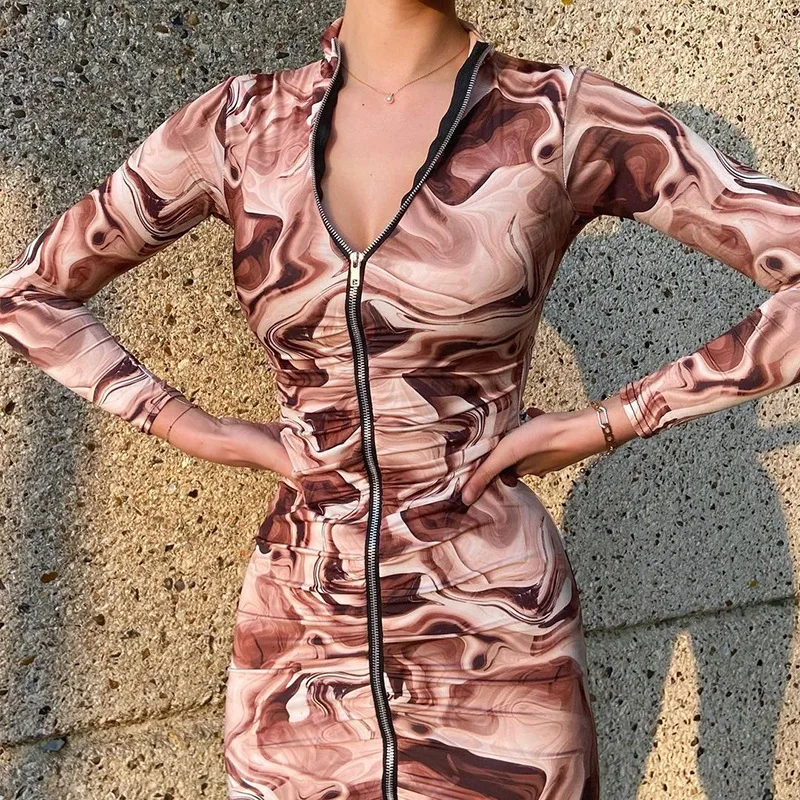 

Женское платье на молнии с абстрактным принтом, облегающая юбка с длинным рукавом