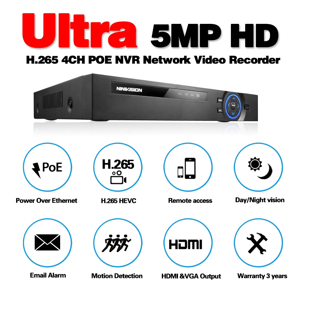 Сетевой видеорегистратор H.264 H.265 4 канала POE NVR 48 В 1080P 5 МП HDMI HD для IP Камеры P2P доступ