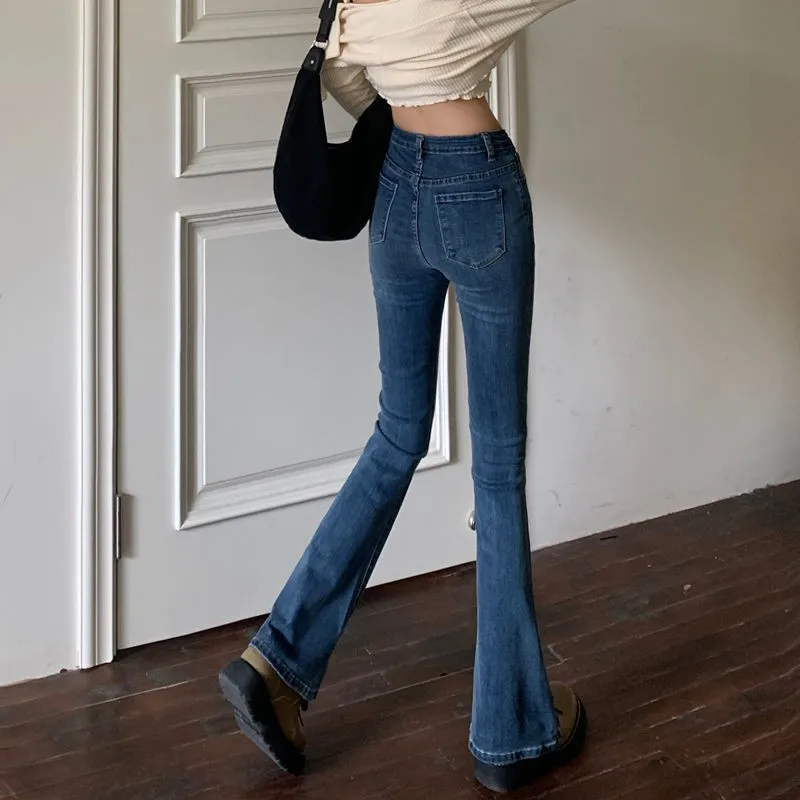 Korean Style Vintage High Waist Flare Jeans Streetwear Casual Slim Long Denim Pants Ladies Chic Boot Cut Jeans Denim Trousers images - 6