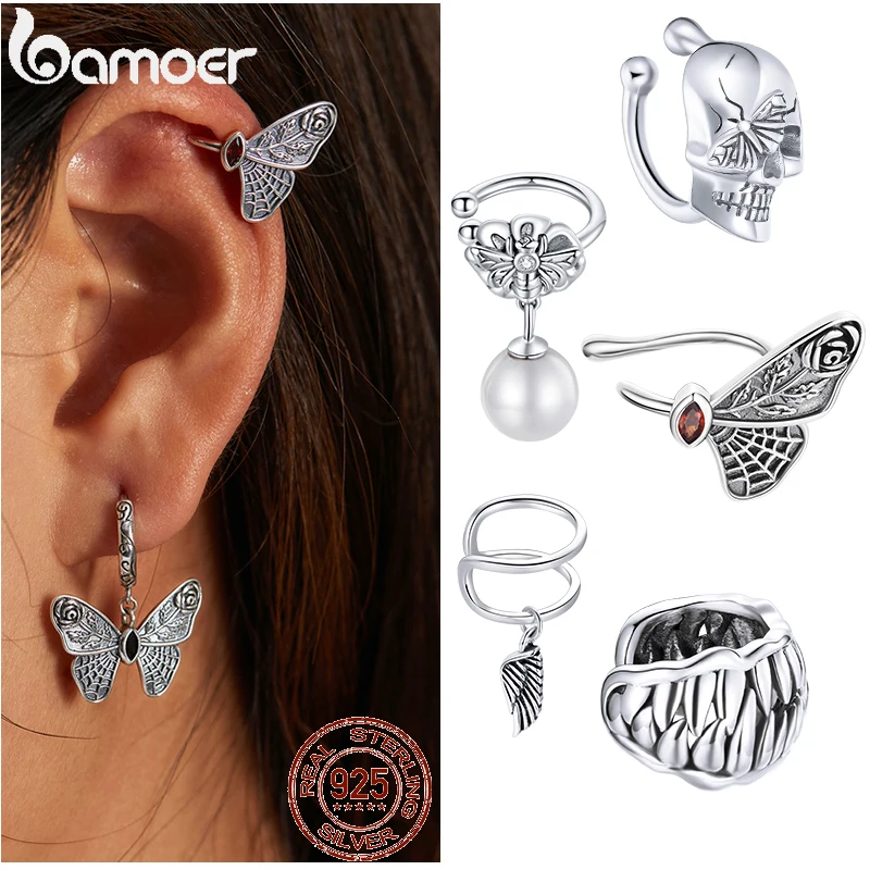 

bamoer Vintage 925 Sterling Silver Dark Butterfly Ear Cuff Clip Butterfly Earrings for Women Wedding Jewelry BSE533