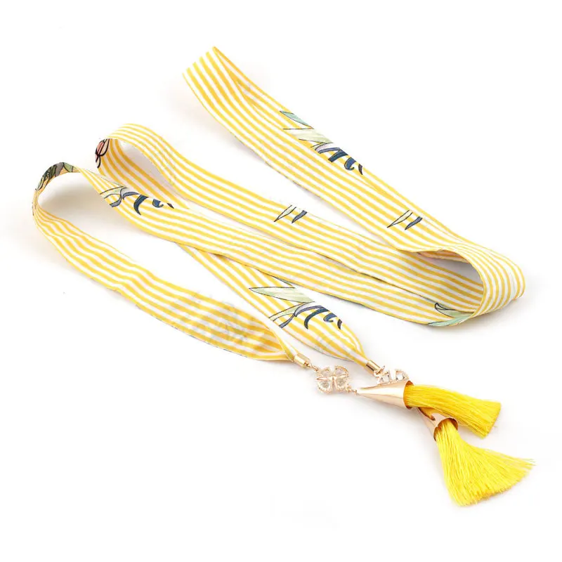 Yellow stripe 170*2,5 см женский цветочный шифоновый пояс подвеска с кисточкой и кристаллами дизайнерские ремни для женщин платье пальто с завязками на талии цепи дамы - Цвет: Yellow stripe