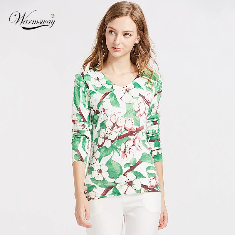 

2022 Spring Autumn Green Floral Pullover Sweater Women Basic Print Knitwear V-neck Long Sleeve Elegant Lady High Elastic B-059