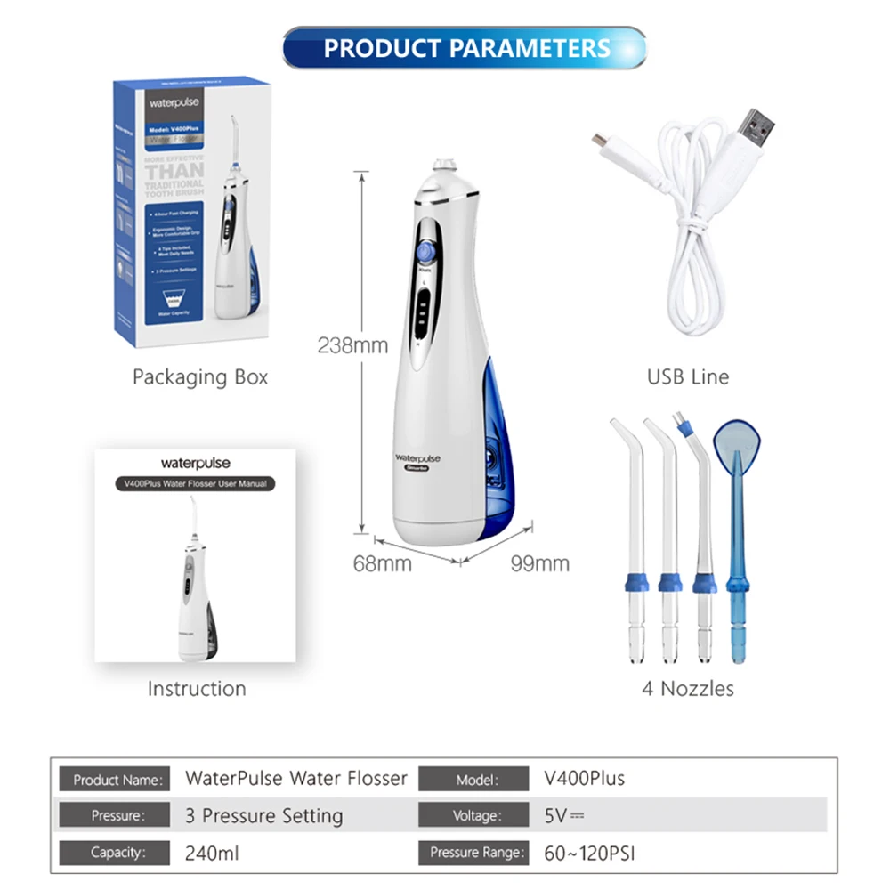 

V400 Plus Portable Oral Irrigator Water Flosser USB Rechargeable 4 Modes Cordless Water Jet Irrigator Dental Care Cleaning Tools