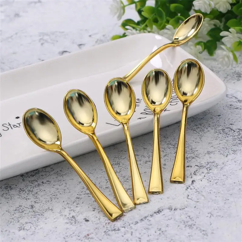 

24PCS Plastic Disposable Spoons Golden Mini Spoon Set Plastic Imitate Metal Flatware For Barbecue Party Picnic Kitchenware