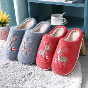 Winter Women Home Interior Slippers Cozy Warm Shoes Cartoon Christmas Deer Gift Couple Slides Memory Foam Adult Cotton Slippers