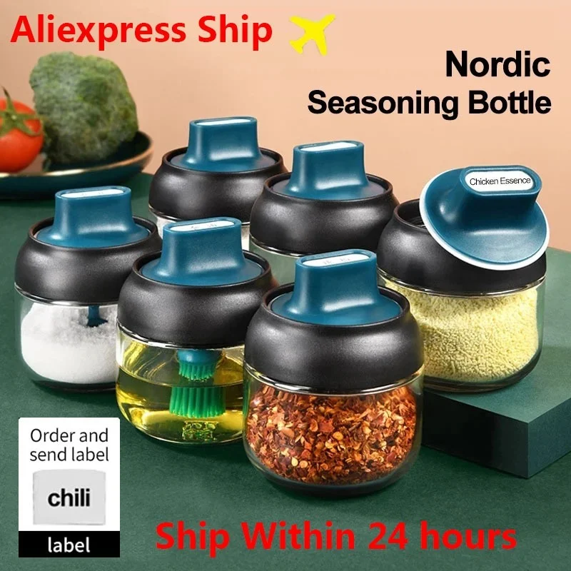 

Kitchen glass spice jars with lid salt and pepper shakers set seasoning organizer herbs soy sauce oil bottle With label paper