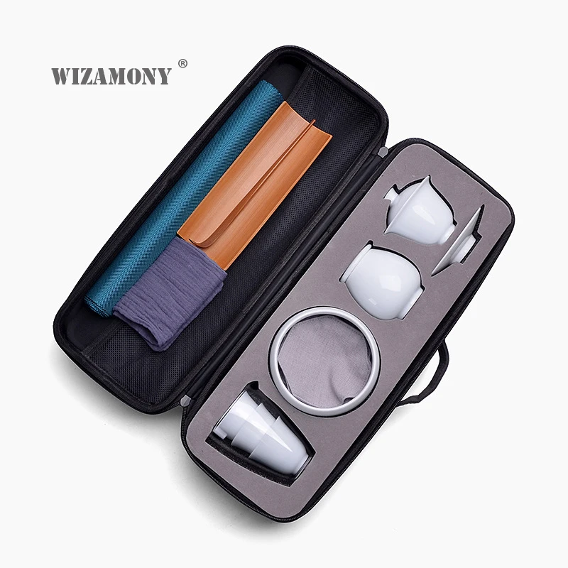 

WIZAMONY Travel Bag Chinese Kung Fu Tea set gaiwan teapot teacups fair mug tea sets white ceramic fot gift puer Drinkware