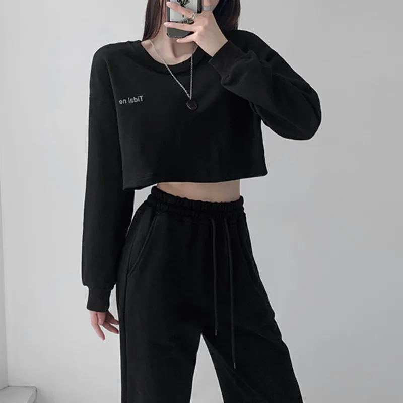 

WOMENGAGA 2021 Spring Long Sleeve Pullover Crew Neck Tops Korean Loose Letter Print Casual Short Sweatshirt Women Lz5w
