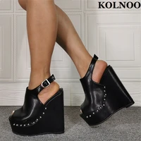 kolnoo new real pictures handmade women wedges heel sandals buckle strap slingback rivets spikes peep toe fashion black shoes