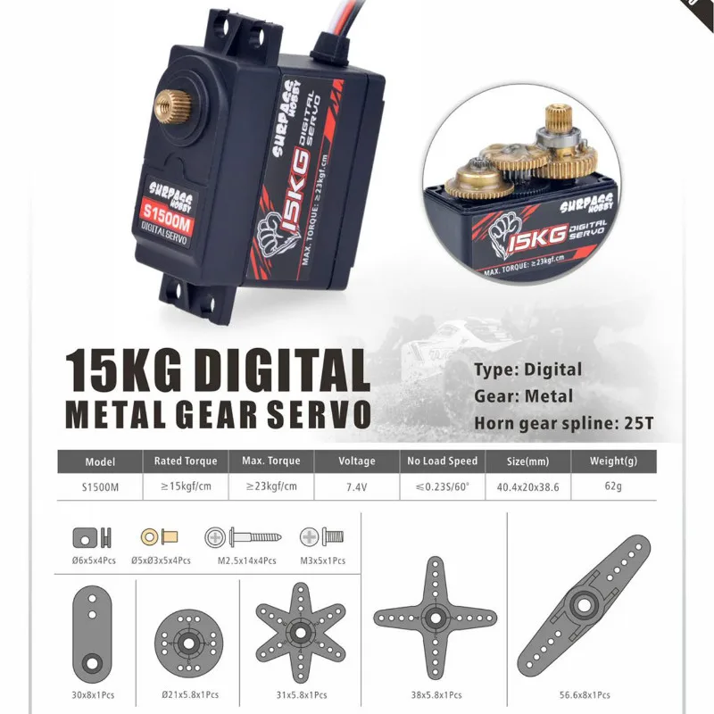 SURPASS Hobby Digital Servo 15KG Metal Gear S1500M for 1/8 1/10 Scale RC Car Helicopter Boat Duct Plane Airplane Robot images - 6