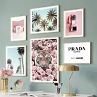 Розовая роза, тигр, телефон, пальмовые деревья, скандинавский постер, модный музейный настенный художественный принт, холст, картина, Декор, фотографии для гостиной