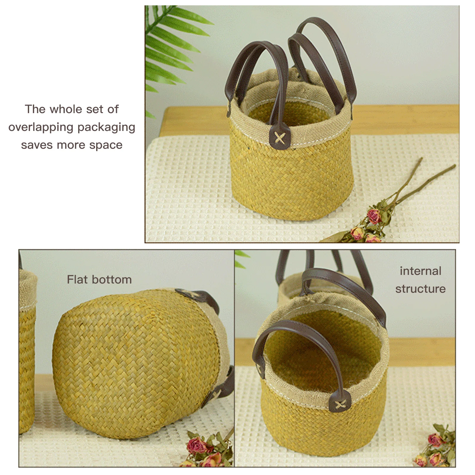 Straw Weaving Desktop Dried Flower Baskets Seaweed Box New Placement Home Craft Light Yellow Wedding Decoration Storage Weave | Дом и сад