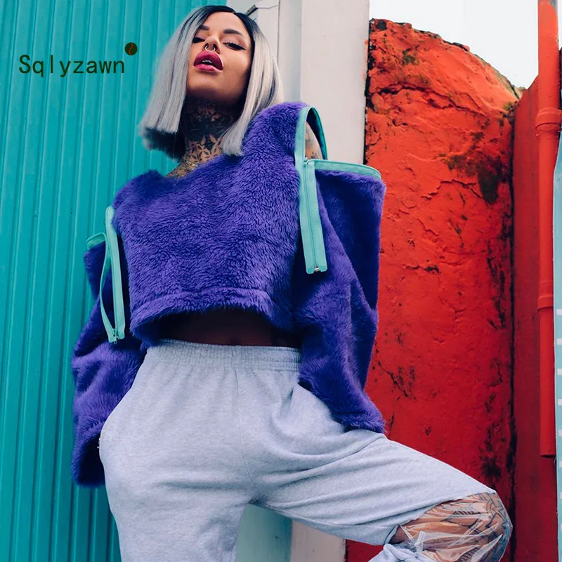 Свитшот на молнии с имитацией кроличьего меха в стиле пэчворк Пушистый Плюшевый