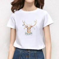 2021 elk printed short sleeve t shirt new style white tees female kawaii camisas t shirt korean trend white top female t shirt