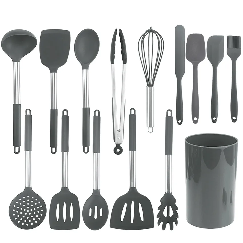 

High-quality stainless steel silicone kitchenware storage barrels for comfort and comfort 15-piece kitchen utensils